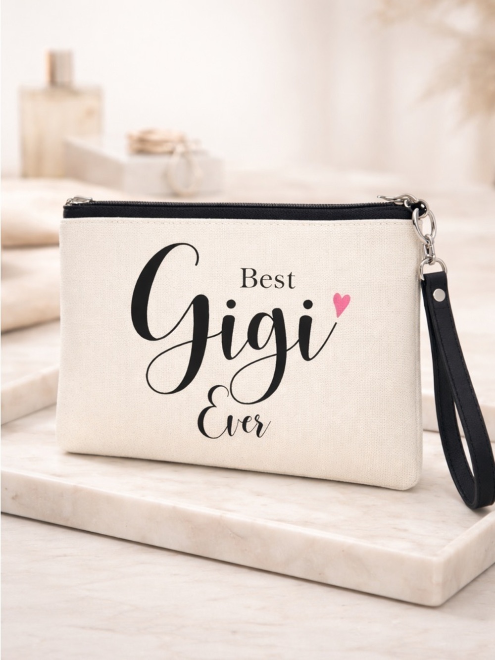 NWT Makeup Travel Bag Wristlet- Best Gigi Ever White with Black Tassle